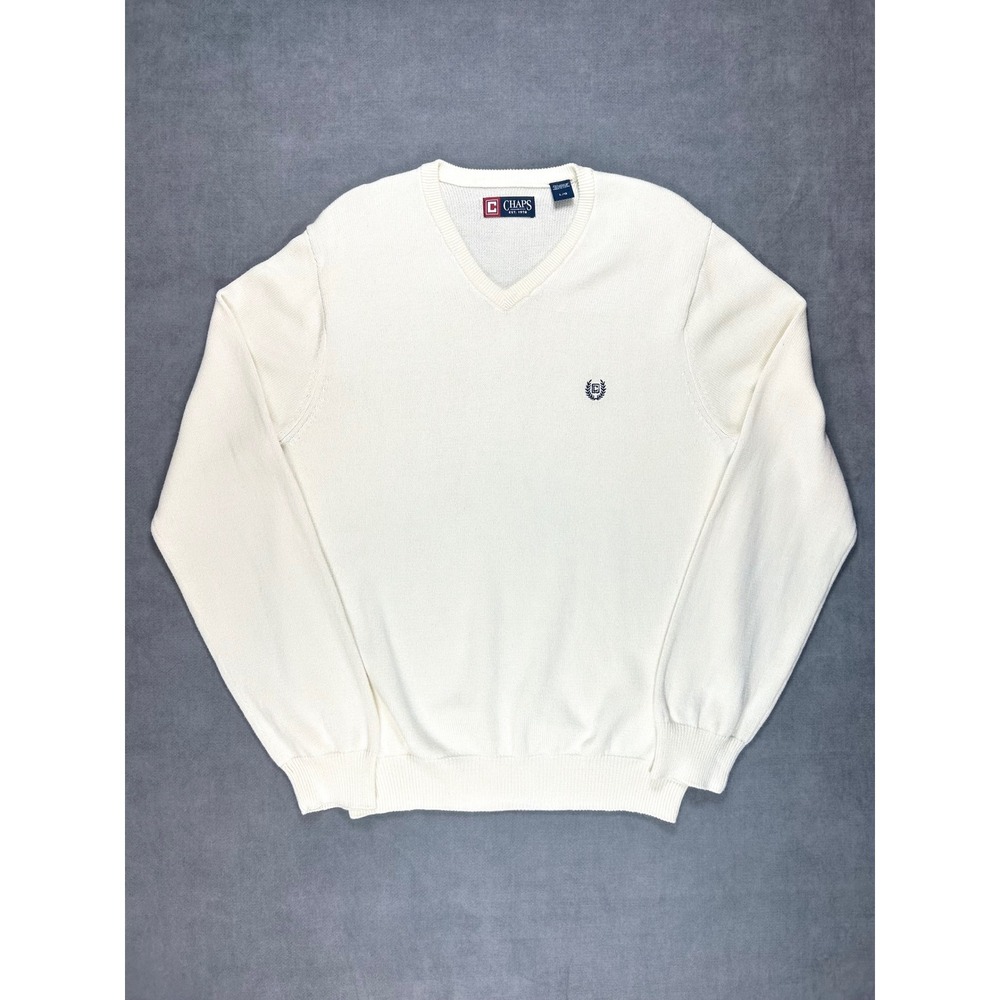 Chaps Sweater V-Neck Cream Classic Embroidered Logo Y2K Relaxed Fit Men's Large